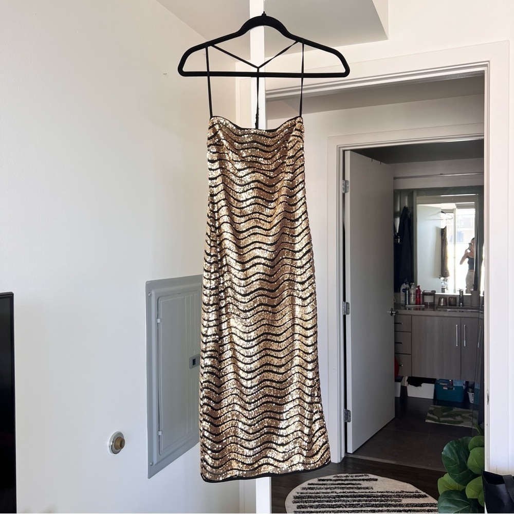 H:ours Lexie Gold Midi Dress- XS - Picture 2 of 12